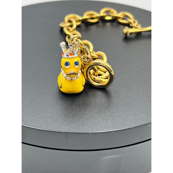Betsey Johnson Gold Chain Charm Bracelet Yellow Rubber DuckCrown Pearl Designer - Picture 6 of 8
